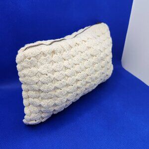 Handcrafted Crochet White Zipper Pouch Clutch Purse With Pearl White Lining